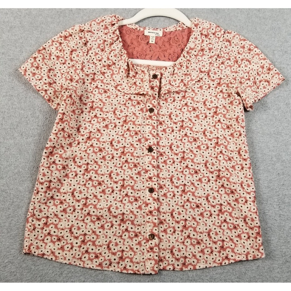 Monteau Top Women M Medium Pink Floral Lace Back Button Up Shirt Spring Textured